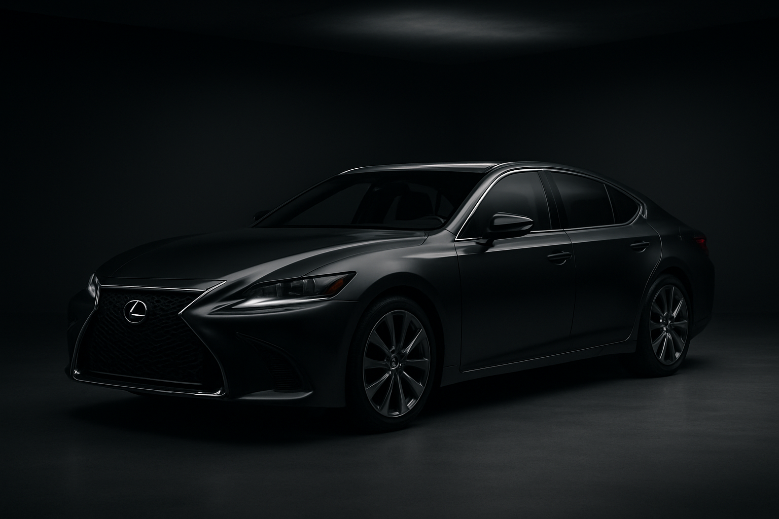 Luxury Lexus sedan in deep graphite paint parked under soft studio lighting, highlighting refined body lines and premium wheels