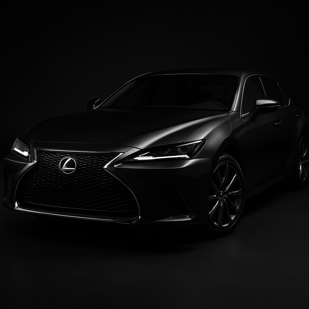 Luxury Lexus sedan in deep graphite paint parked under soft studio lighting, highlighting refined body lines and premium wheels