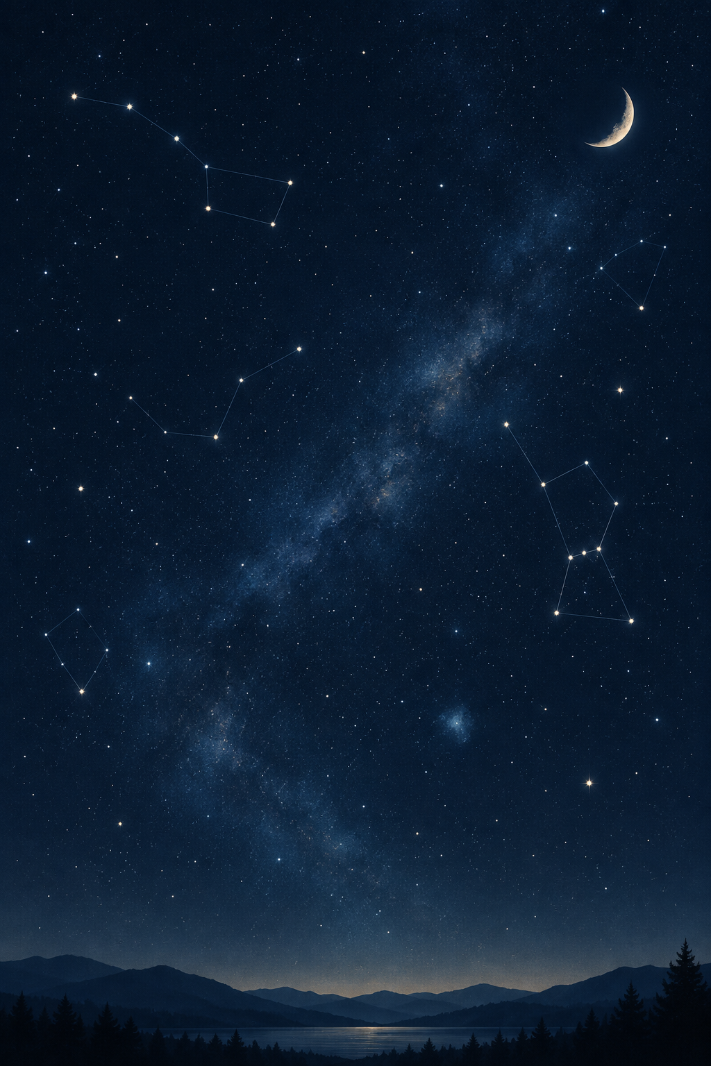 Hand-drawn style star map with constellation lines and a deep night-sky gradient