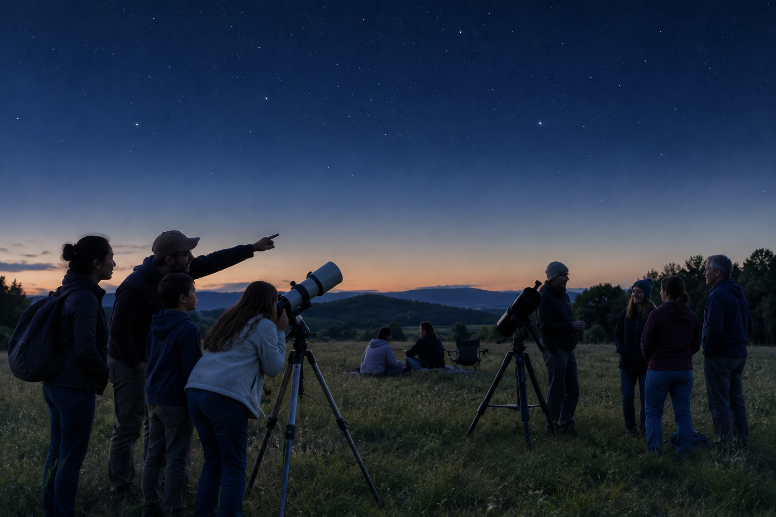 Volunteers and beginners setting up telescopes under a calm deep navy evening sky at a local field