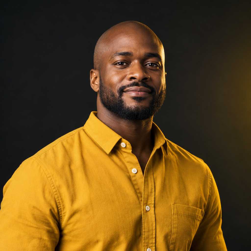 Portrait of fictional speaker Bohdan Ivanov, a Black man with shaved hair wearing a mustard yellow shirt