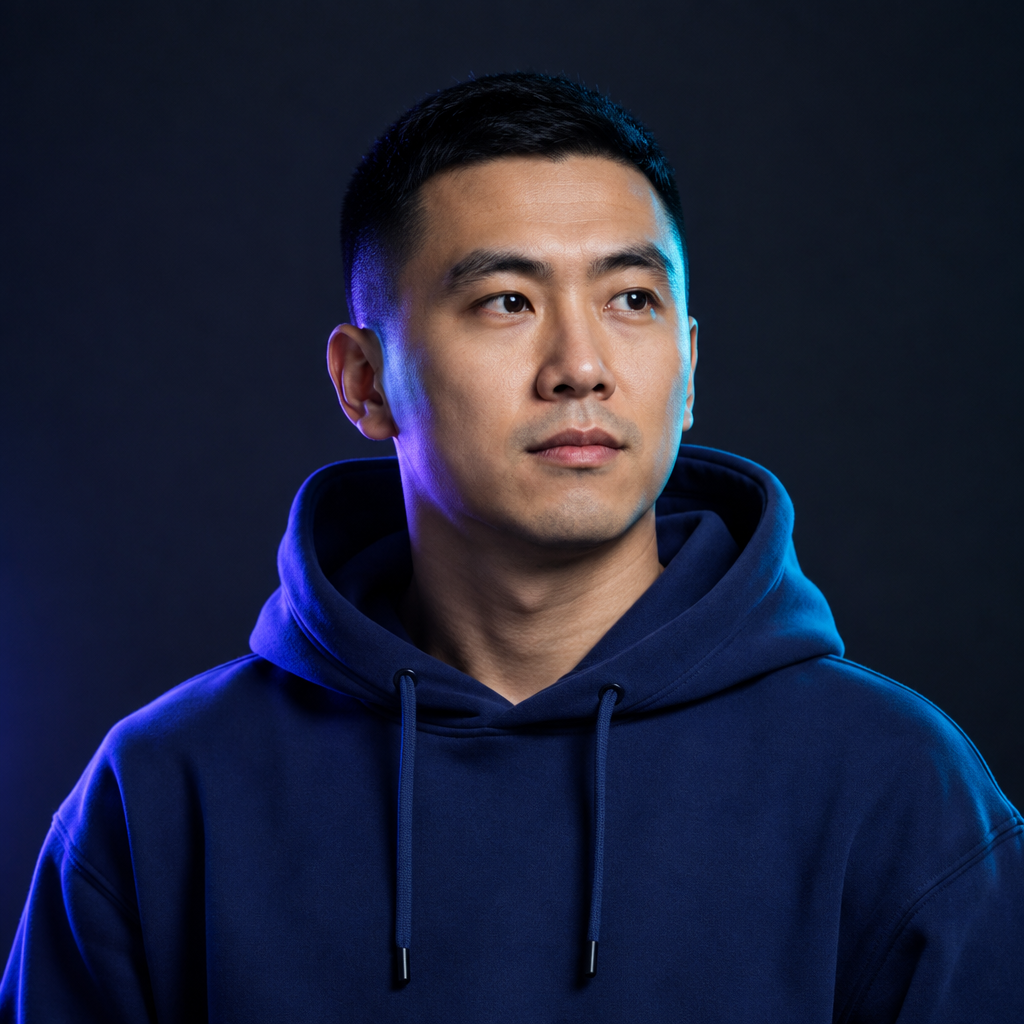 Portrait of fictional speaker Danylo Verbytskyi, an East Asian man with close cropped hair wearing an indigo hoodie