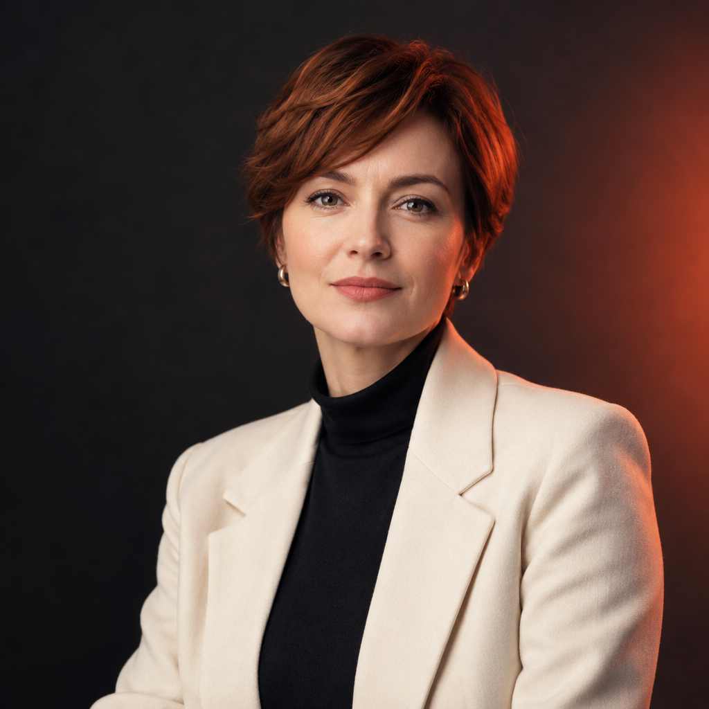 Portrait of fictional speaker Iryna Bondar, a woman with a short auburn haircut wearing a cream blazer