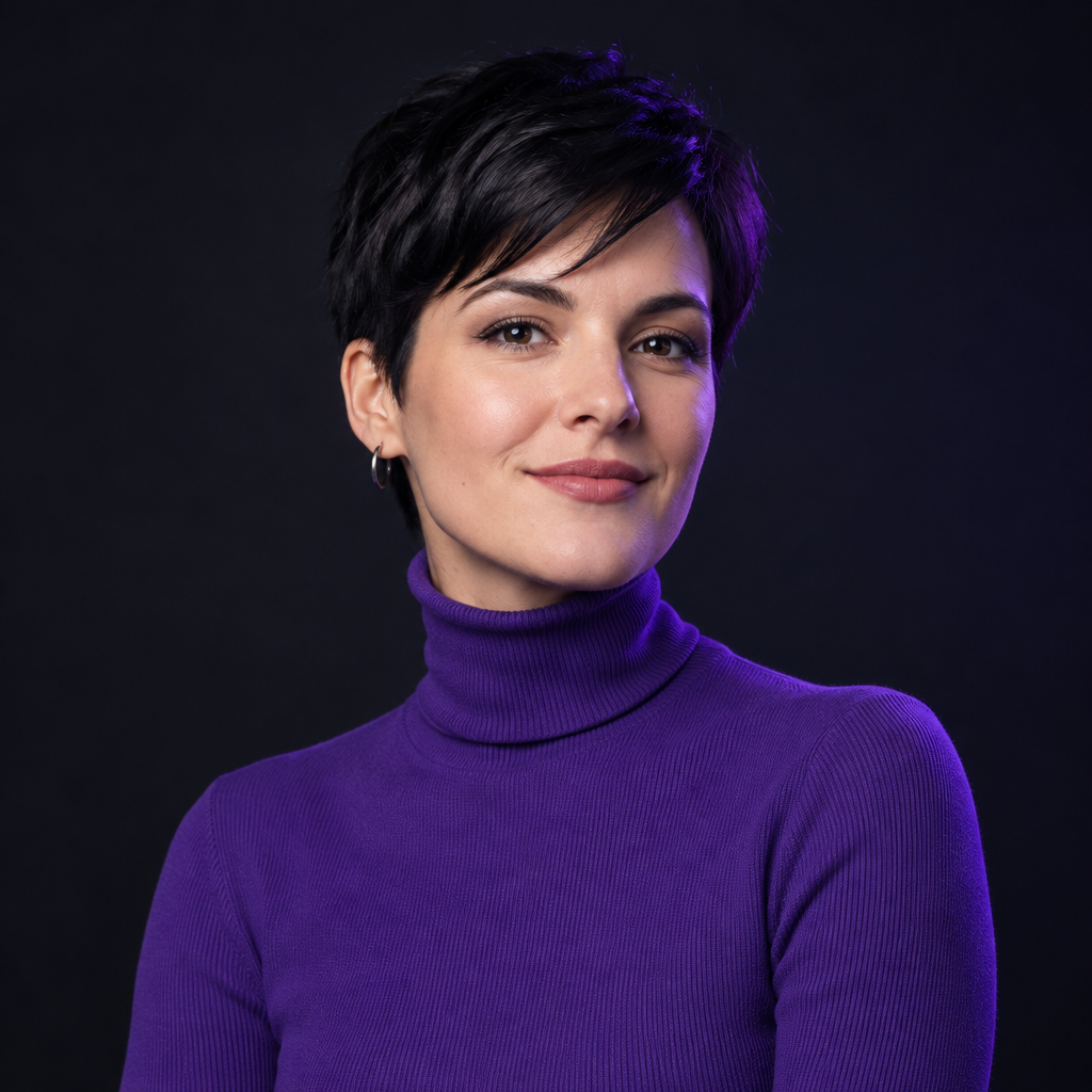 Portrait of fictional speaker Kateryna Li, a woman with a neat black pixie cut wearing a violet turtleneck