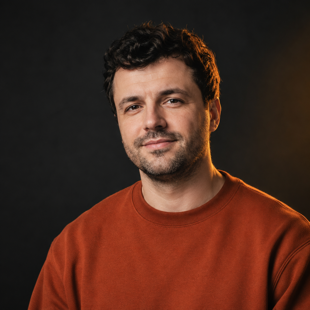 Portrait of fictional speaker Maksym Hryn, a man with short curly hair wearing a rust colored crewneck