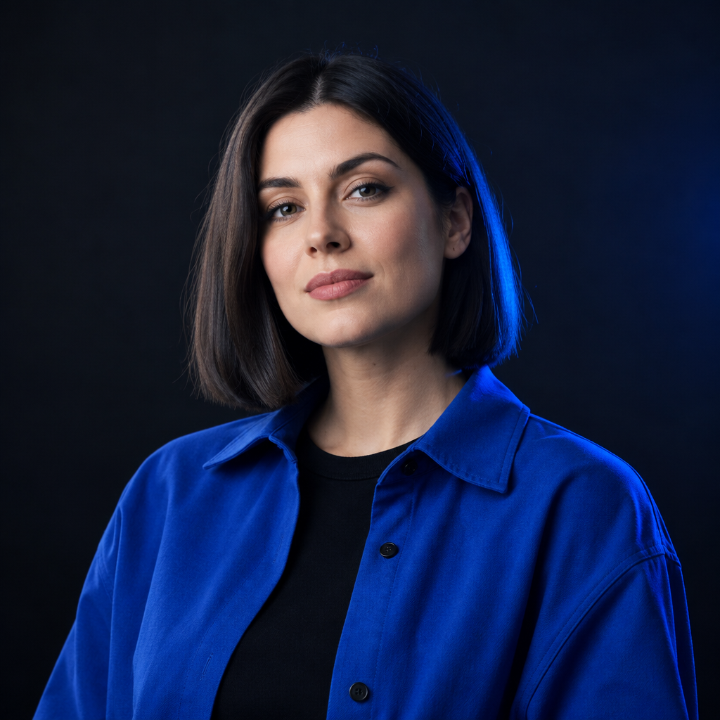 Portrait of fictional speaker Olena Koval, a woman with a dark bob haircut wearing a cobalt overshirt