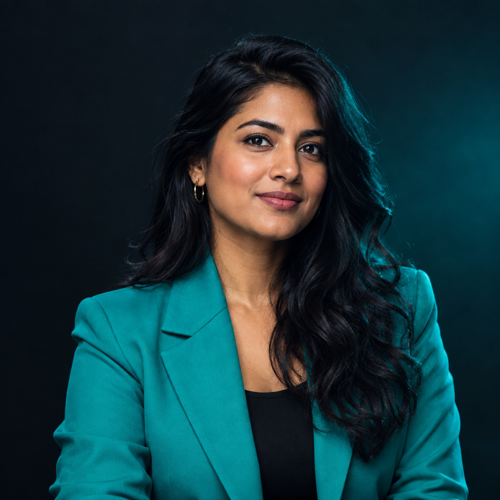 Portrait of fictional speaker Sana Rahman, a woman with long wavy hair wearing a bright teal jacket