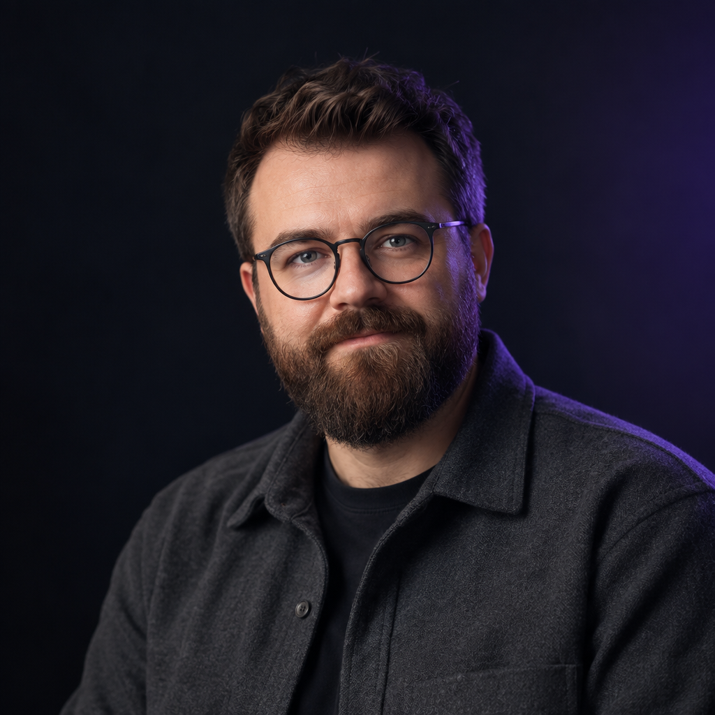 Portrait of fictional speaker Taras Melnyk, a bearded man with round glasses wearing a charcoal overshirt