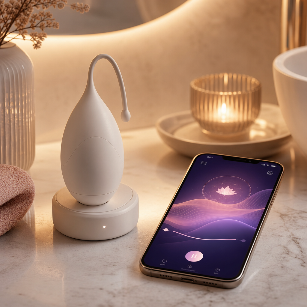 Elegantes, cremefarbenes Wärmeei mit feinem Zuggriff auf einer runden Ladestation im soften Badezimmerlicht, daneben ein Smartphone mit violetter Wellness-App und fließenden Wellenlinien
