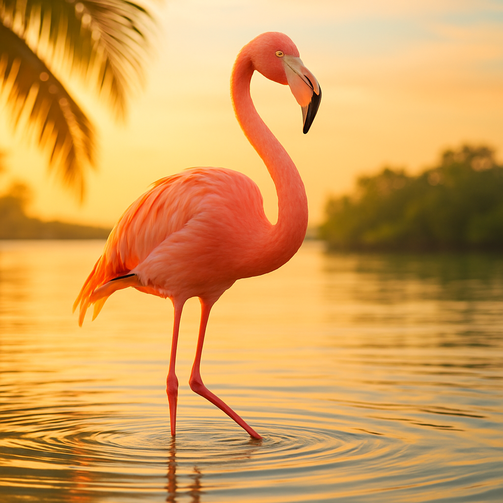 A tall pink flamingo standing in a shallow tropical Florida lagoon with palm fronds and soft sunrise light