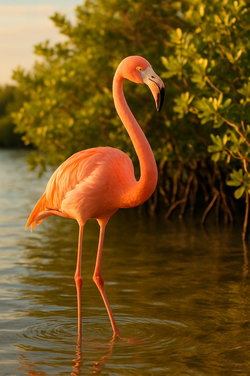 A tall pink flamingo standing in shallow water among Florida mangroves during golden morning light