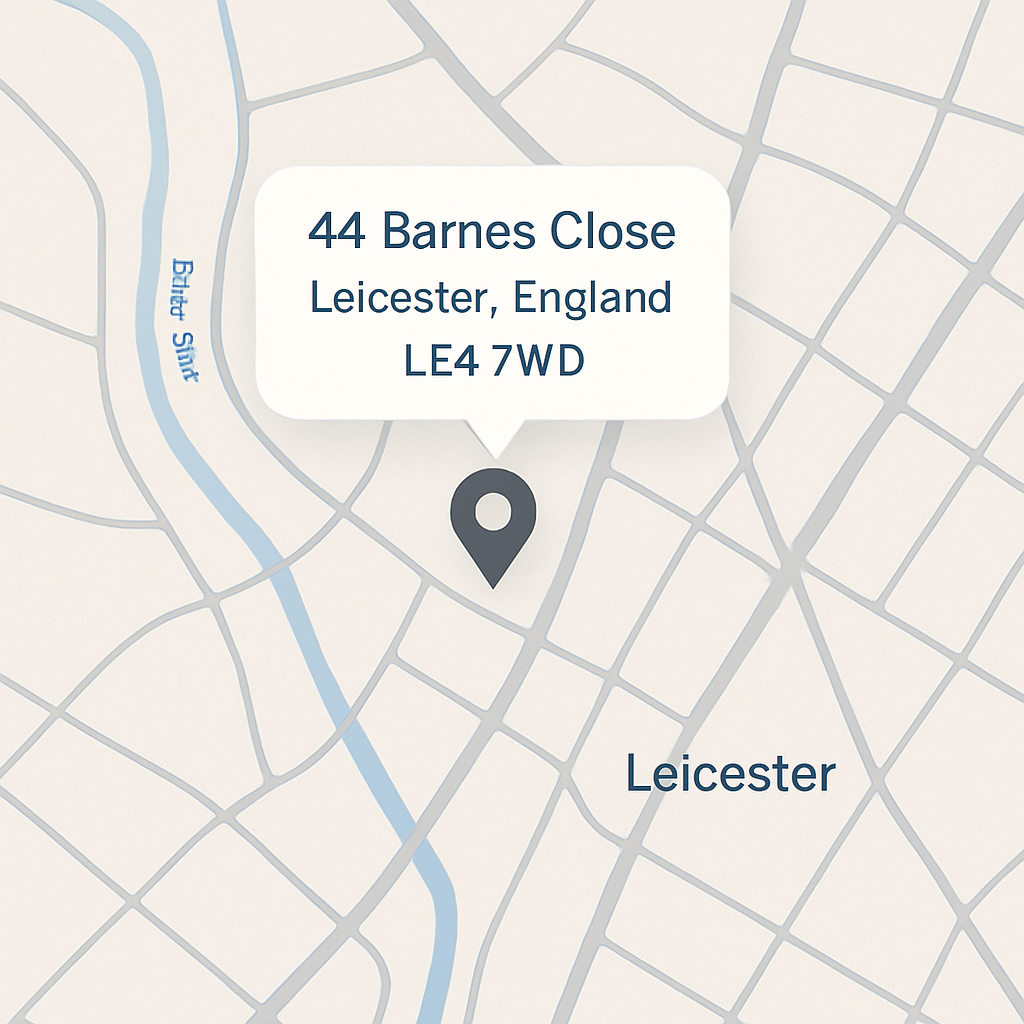 Map location of 44 Barnes Close, Leicester, England, LE4 7WD