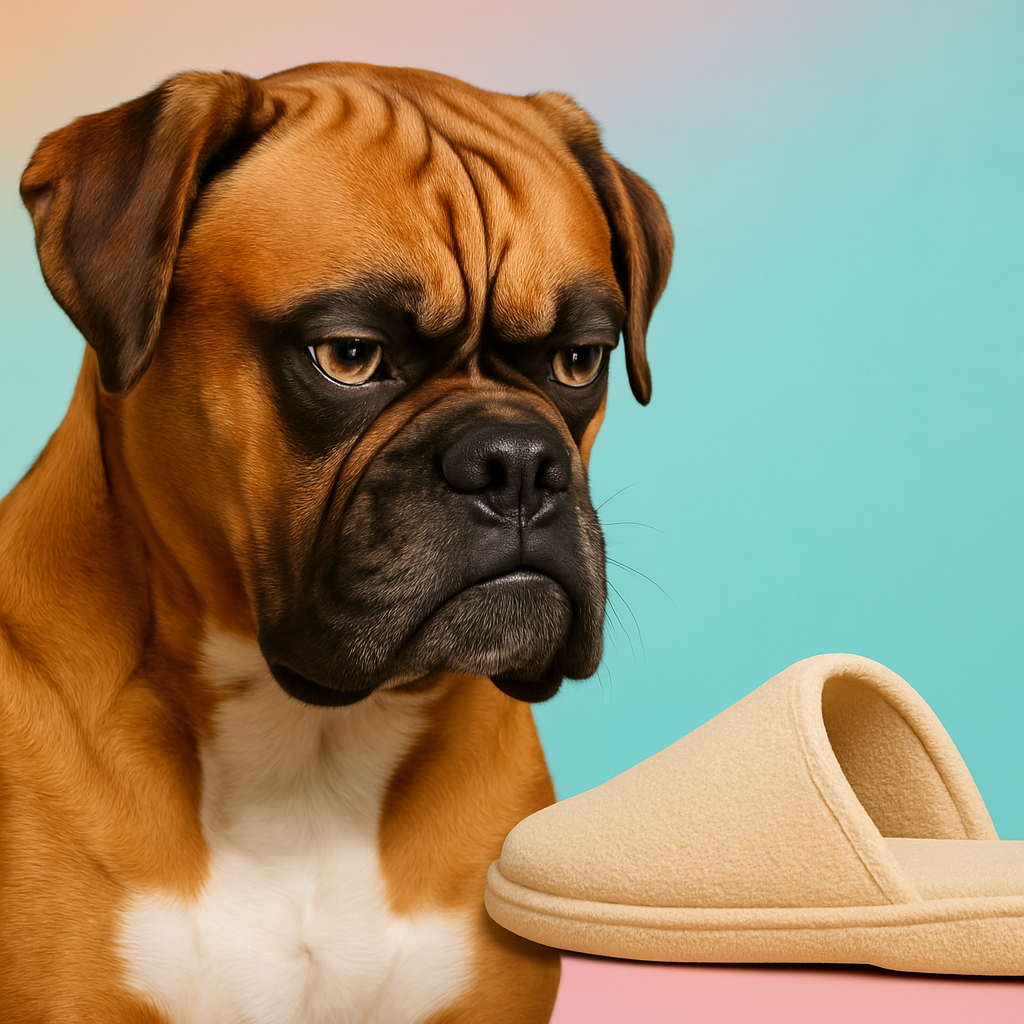 A serious-looking dog dramatically reviewing an object, meme style