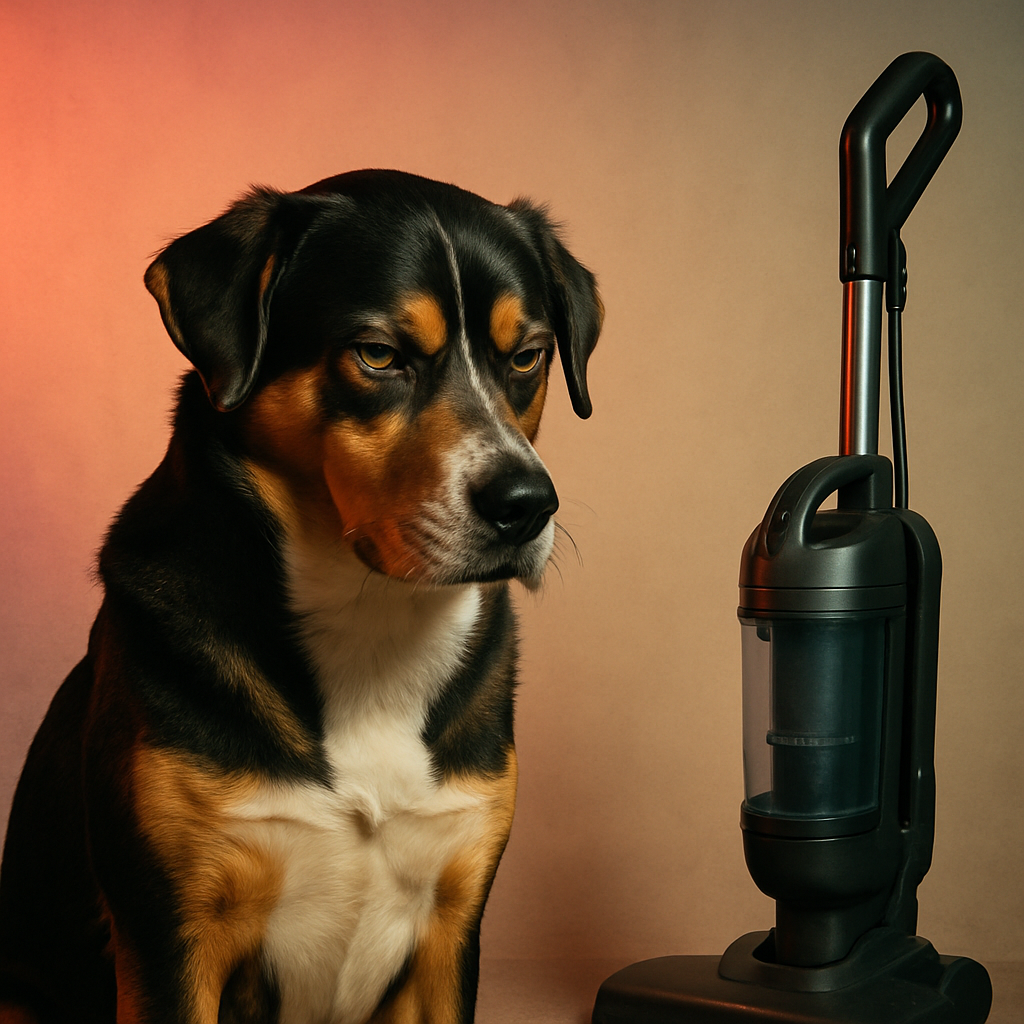 Serious dog glaring at a vacuum cleaner