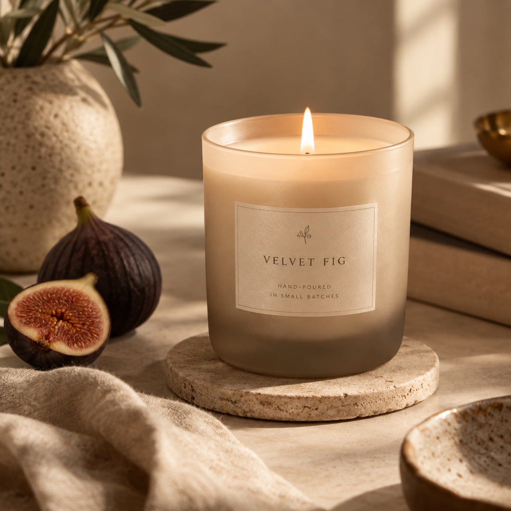 Velvet Fig Candle close-up handmade candle in a warm neutral setting