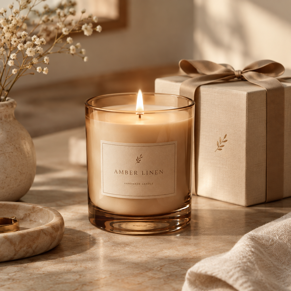 Amber Linen Candle close-up handmade candle in a warm neutral setting