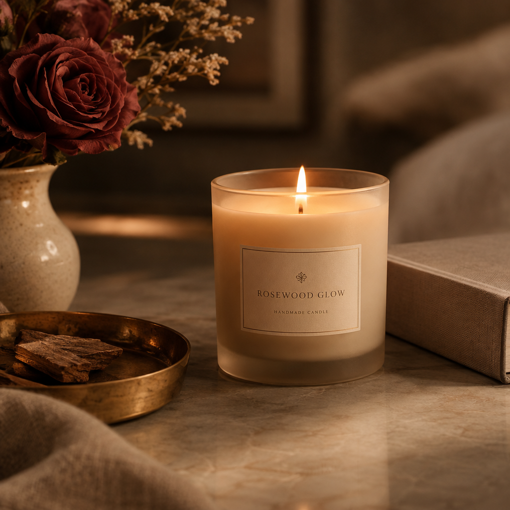 Rosewood Glow Candle close-up handmade candle in a warm neutral setting