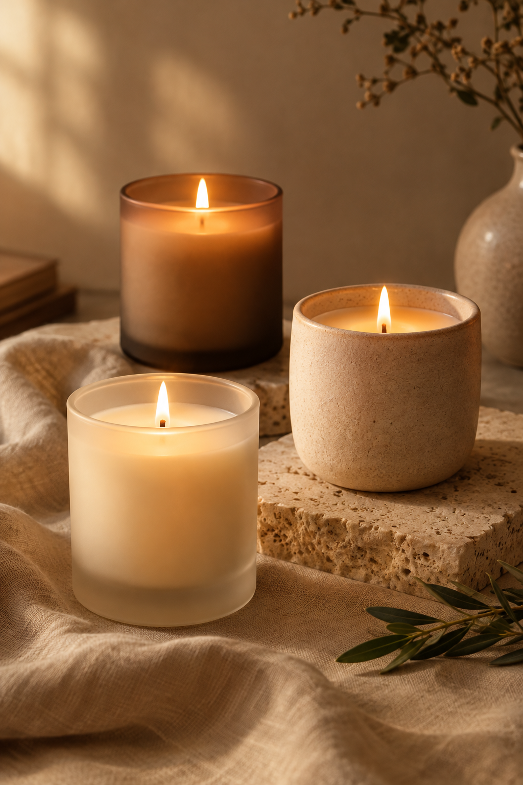 Editorial close-up of premium handmade candles on natural stone and linen, with warm glow, soft shadows, and intimate home ambiance