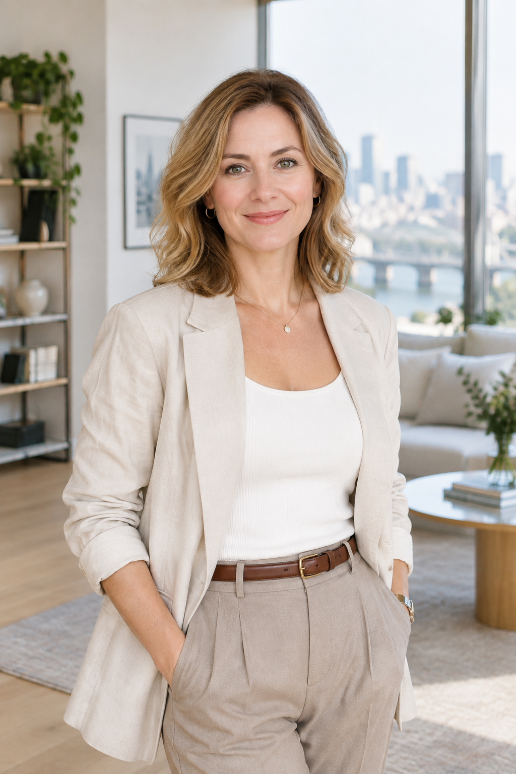 Approachable Kyiv real estate professional in smart business-casual attire, photographed in bright natural light
