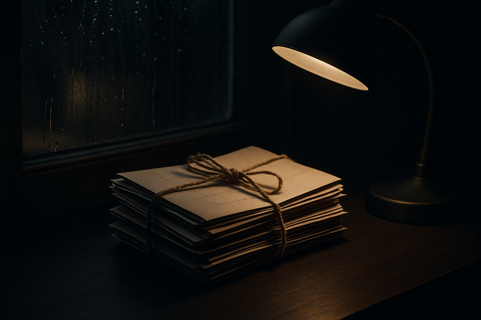 A small stack of handwritten letters tied with twine on a dark desk near a rain-streaked window, lit by a single desk lamp
