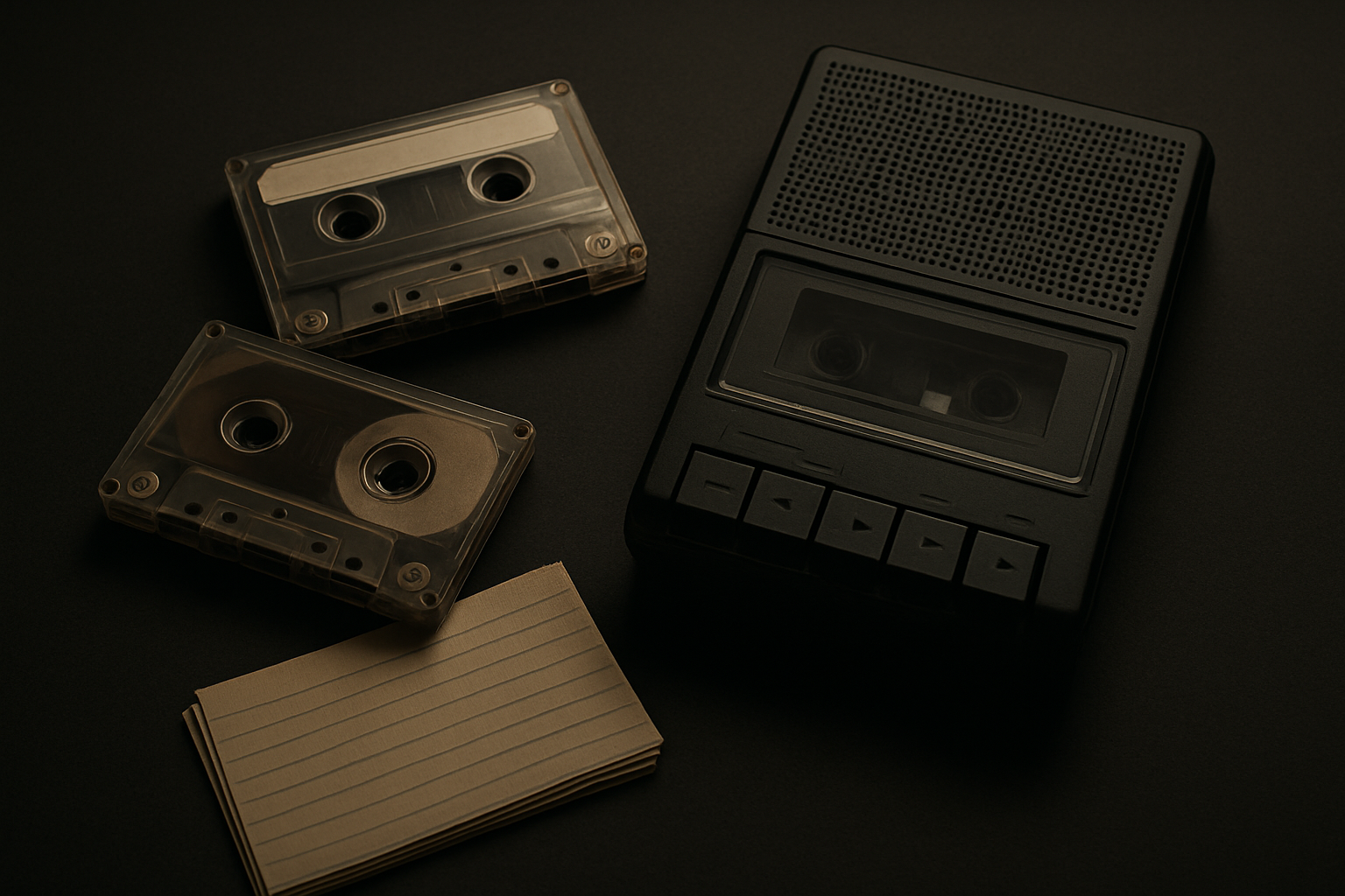 Vintage cassette tapes, yellowed note cards, and a small tape recorder arranged on a matte black table with subtle side lighting