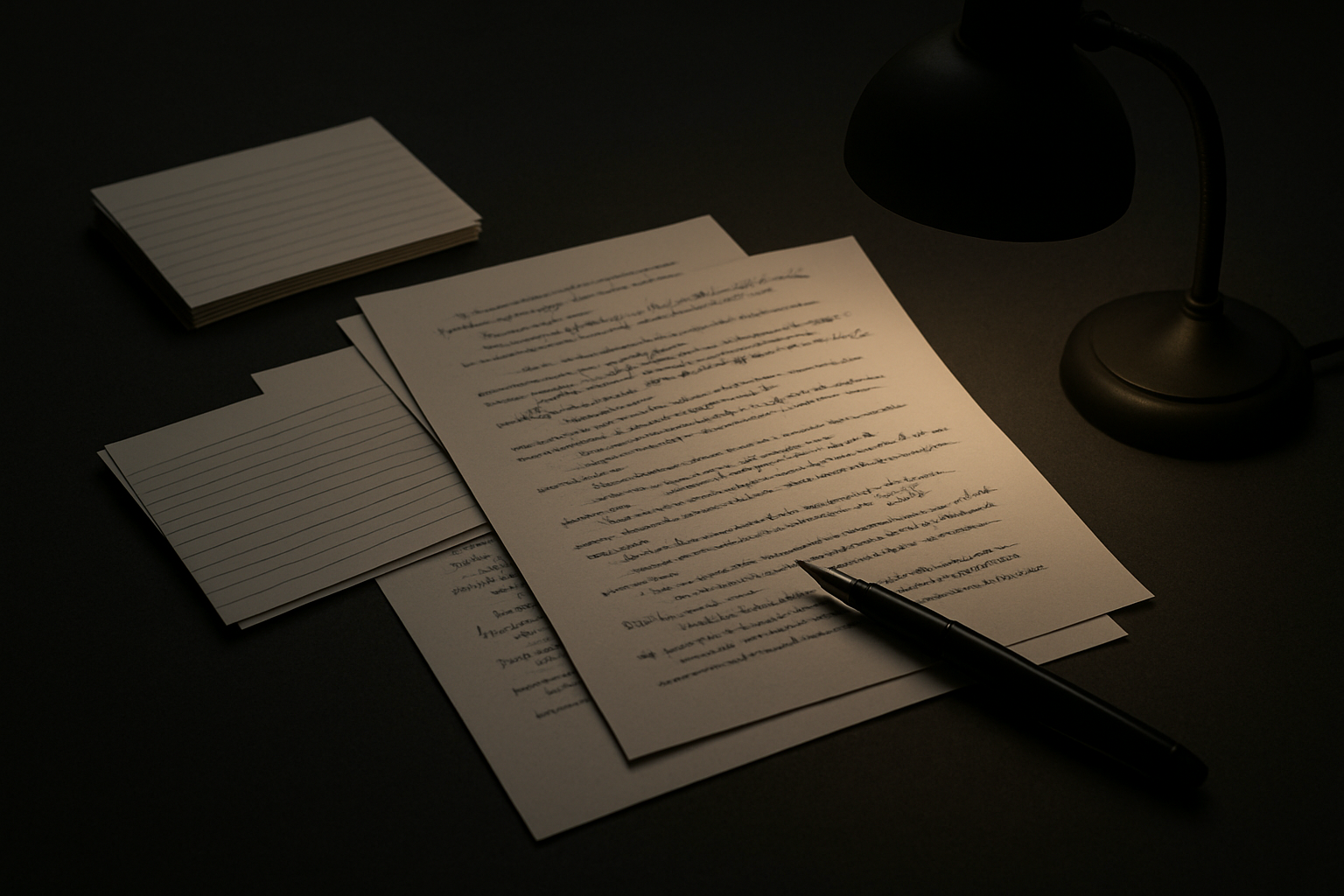 An editorial workspace with annotated manuscript pages, a fountain pen, index cards, and a softly glowing reading lamp on a charcoal-toned desk