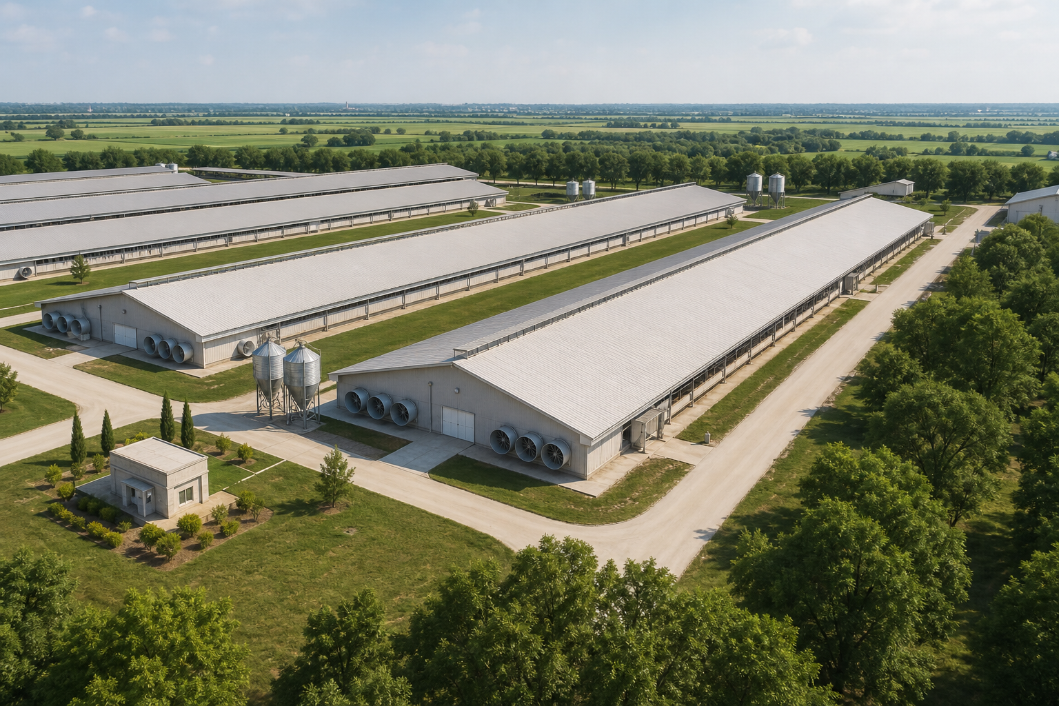 Wide poultry farm range with orderly barns, clean pathways, and green surroundings under soft daylight