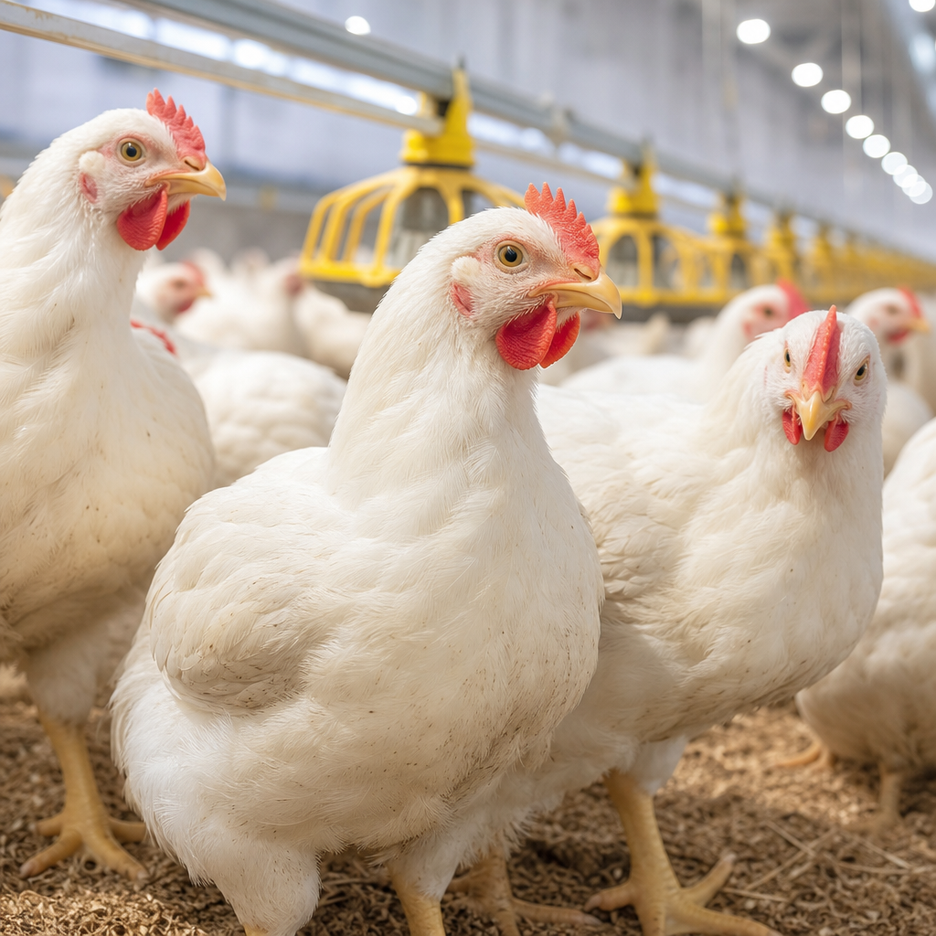 Close view of healthy white broiler chickens in a clean, well-lit poultry house