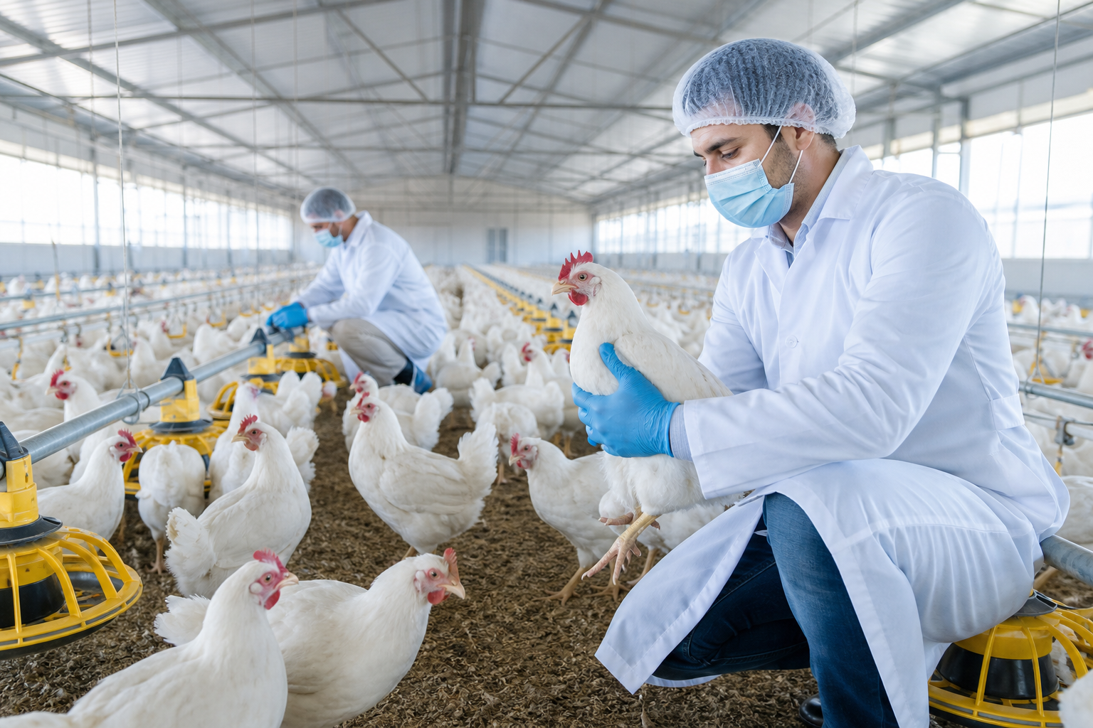 Modern poultry farm with clean housing and workers inspecting healthy chickens in a bright, hygienic facility