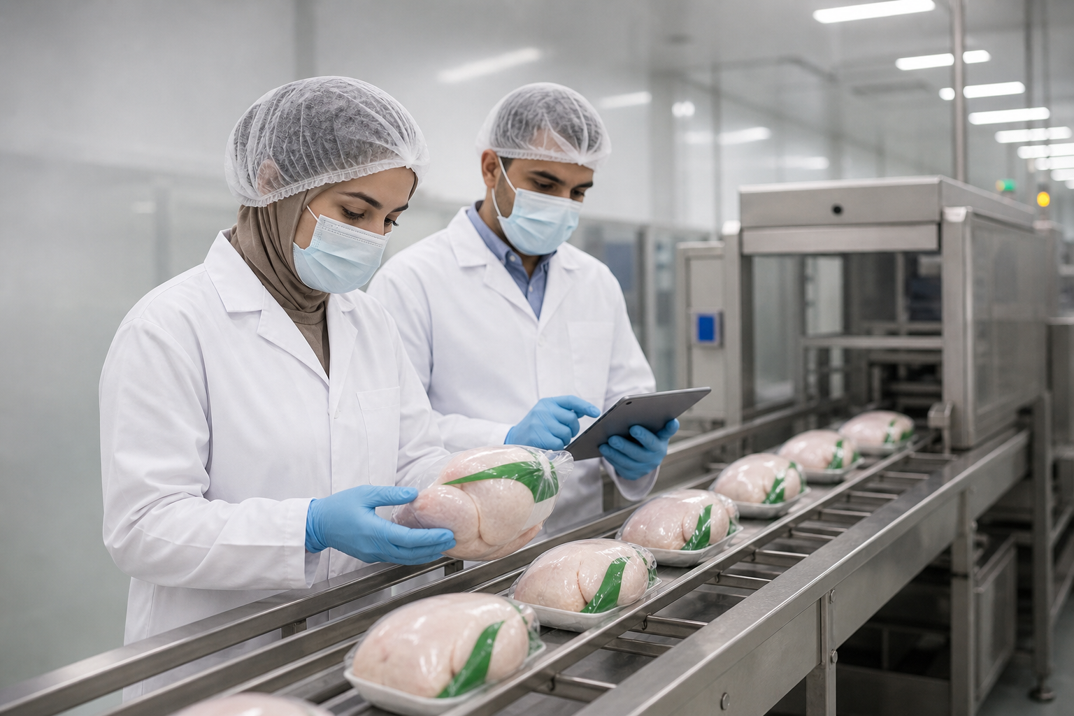 Quality control staff inspecting packaged poultry on a stainless steel production line
