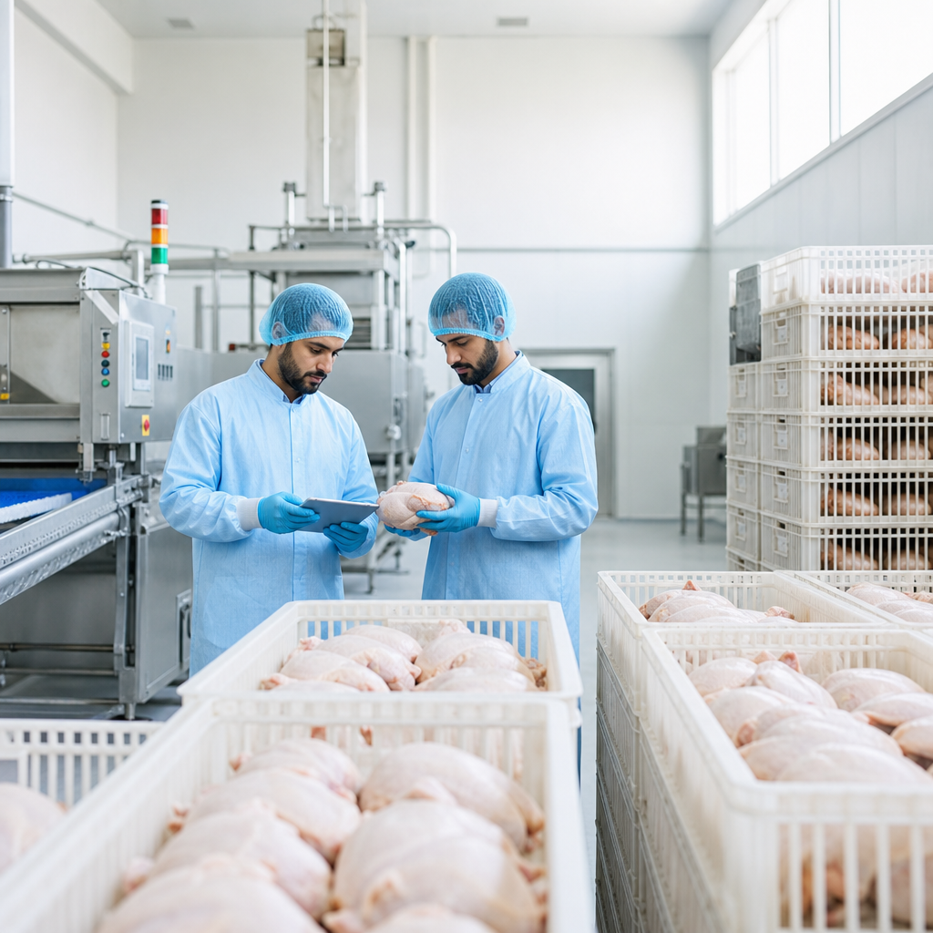 Clean modern poultry facility with workers in safety gear and neatly arranged equipment, conveying a professional and trustworthy operation