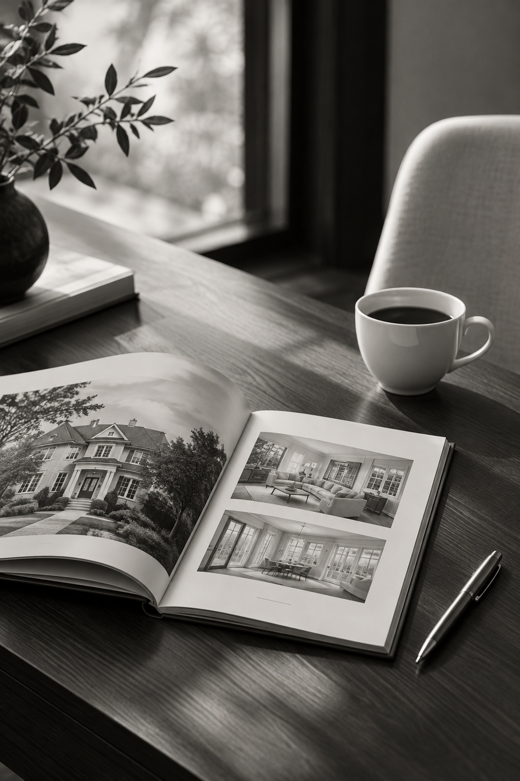 Refined monochrome real estate workspace with an open portfolio, coffee cup, and soft natural window light