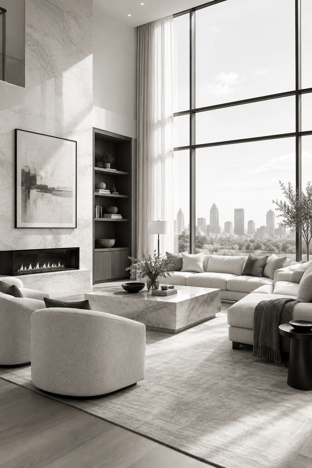 Bright refined luxury interior with high ceilings, soft neutral furnishings, and large sunlit windows