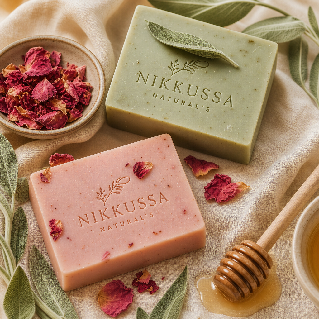 Flat lay of handmade herbal soaps with sage leaves, rose petals, and a honey dipper on a cream linen surface