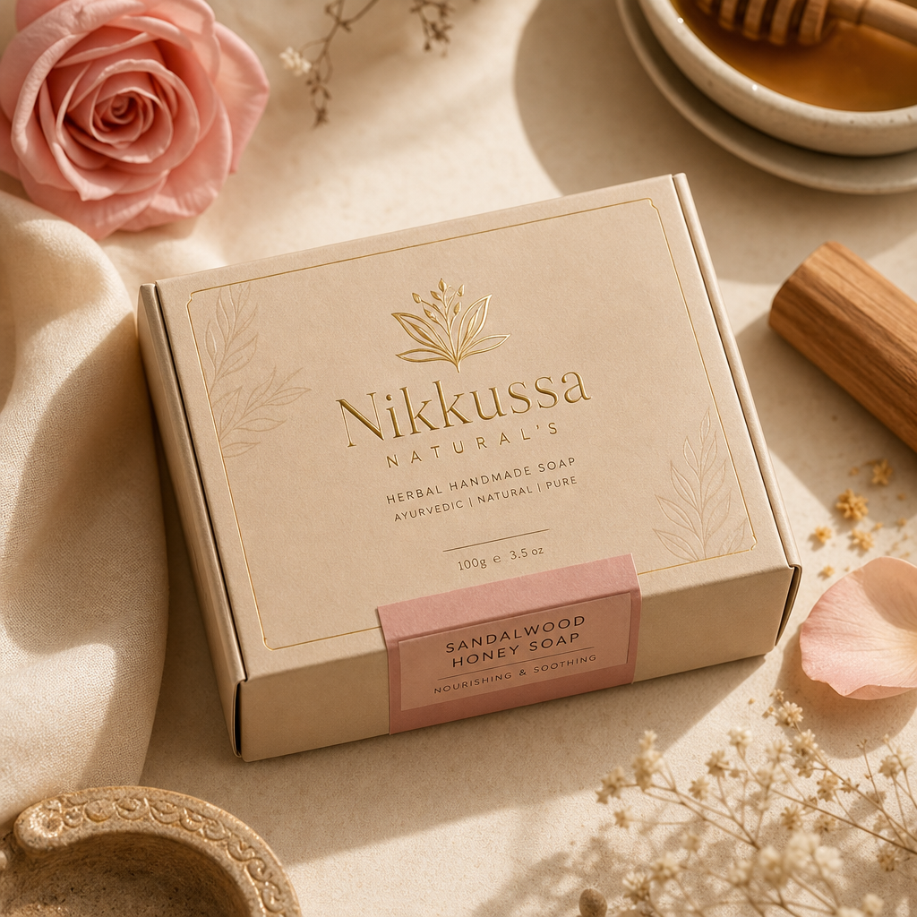 Luxury herbal soap packaging with a warm beige box, gold foil logo, and a rose-pink ribbon accent