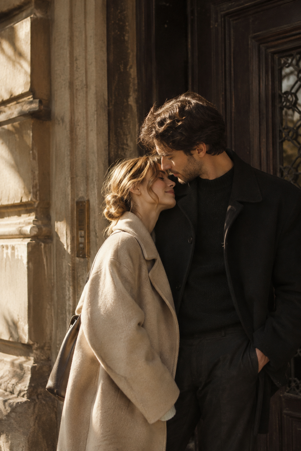 A couple leaning together in a warm, sunlit Kyiv doorway, dressed in soft neutral tones.