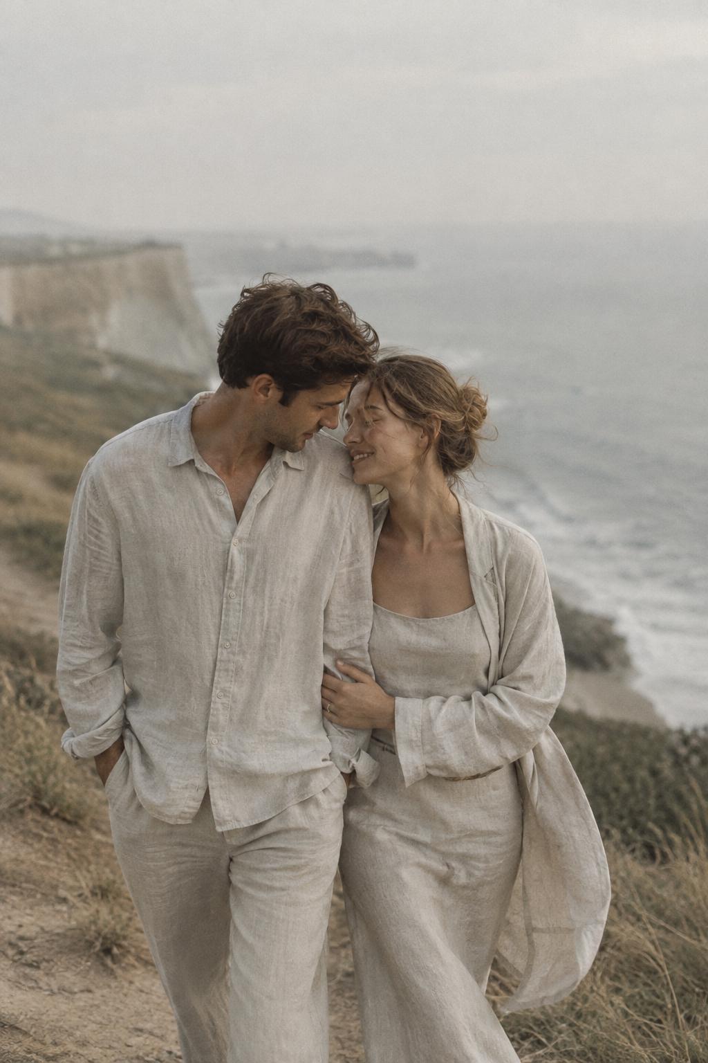 A young couple in muted linen walking close together along a pale, windswept coastline.