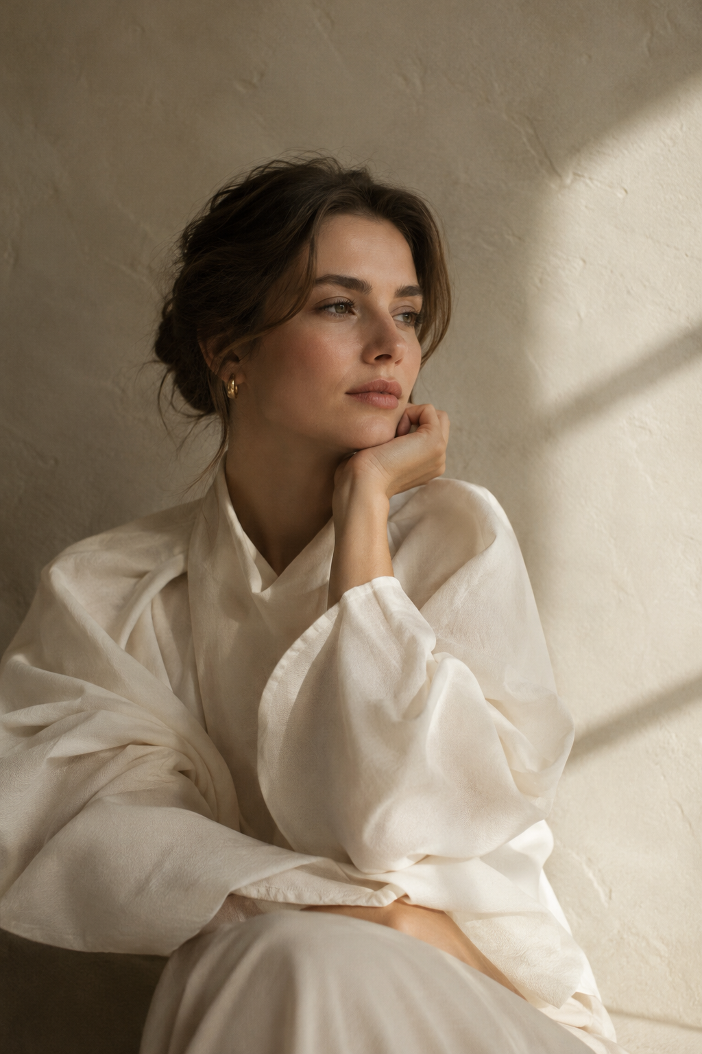 Editorial portrait of a woman in a sculptural cream blouse against a softly lit plaster wall.