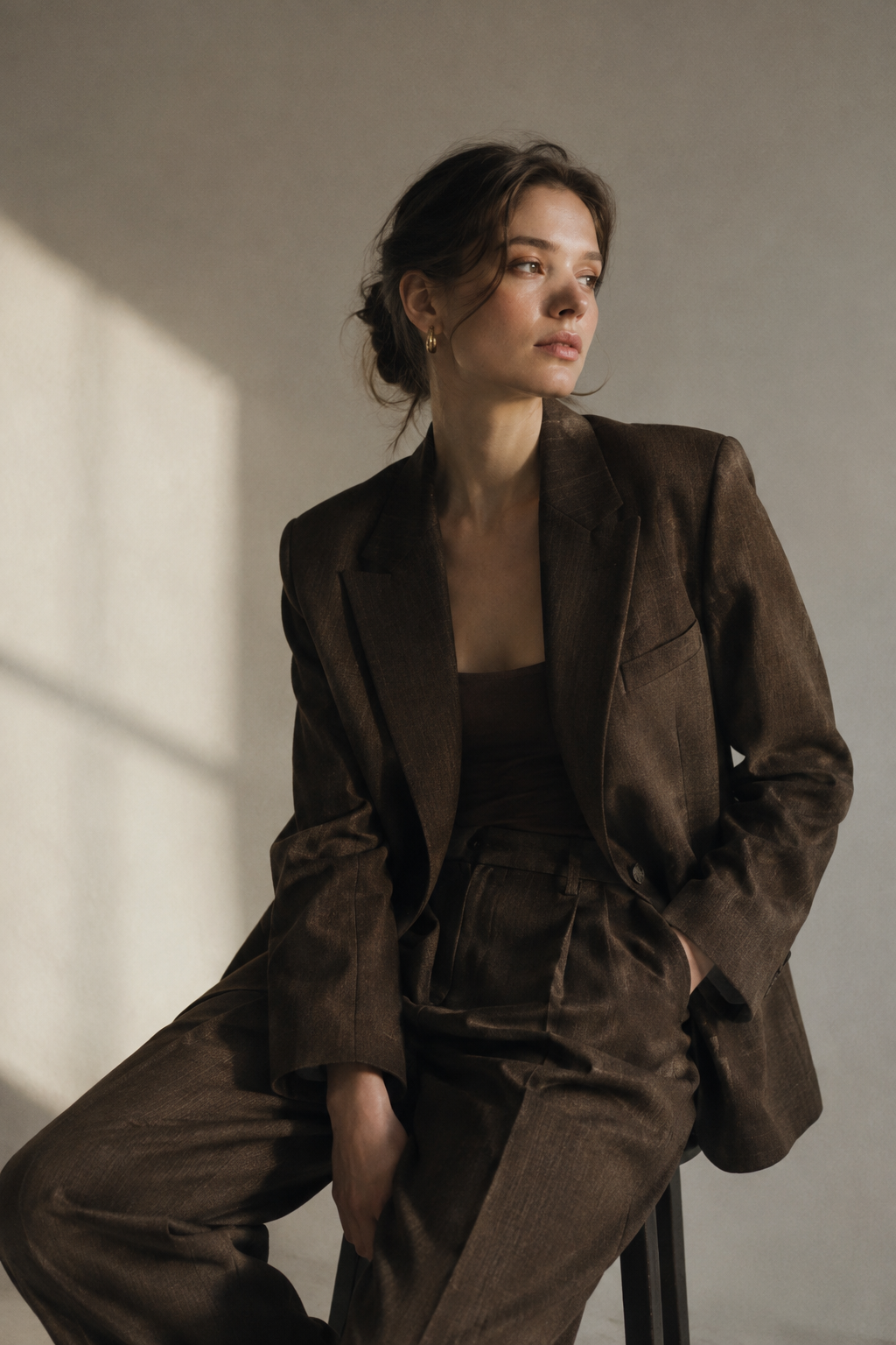 Fashion editorial portrait in a deep brown tailored suit, framed by a minimal studio and directional light.