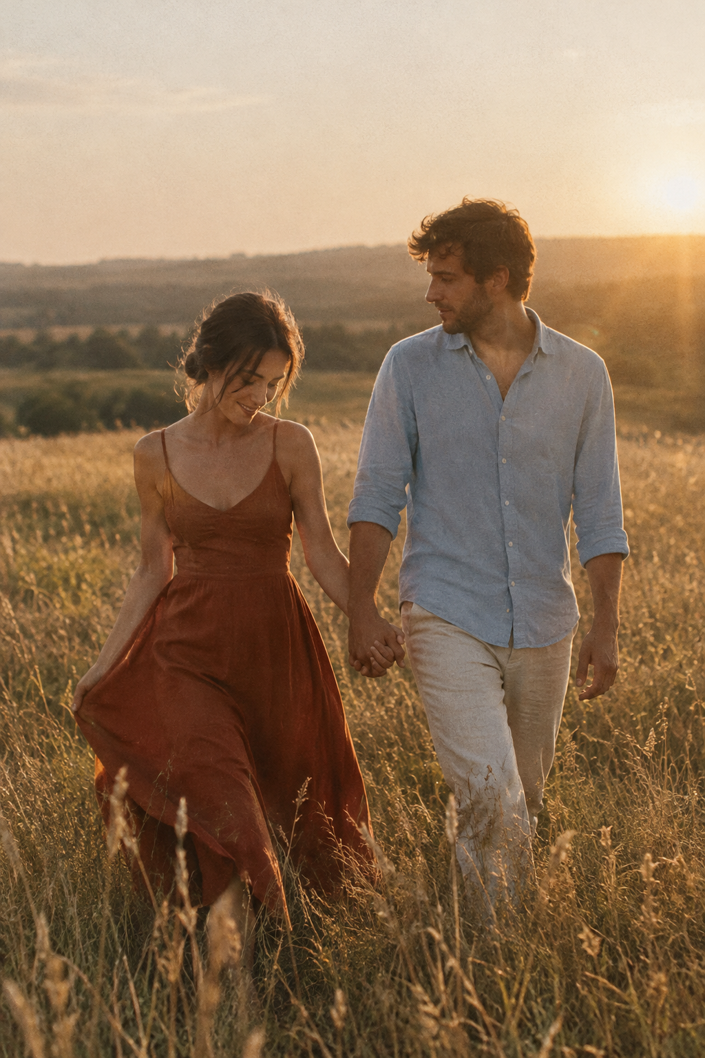 A couple walking through a late-summer field, rendered in gentle golden analog tones and visible fine grain.