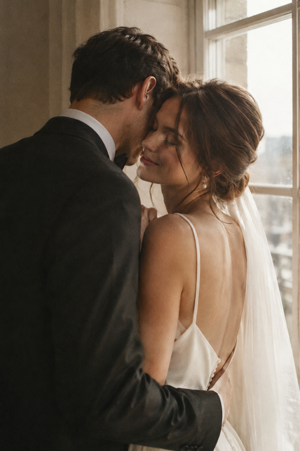 A candid wedding embrace captured with warm analog color, fine grain, and soft window light.