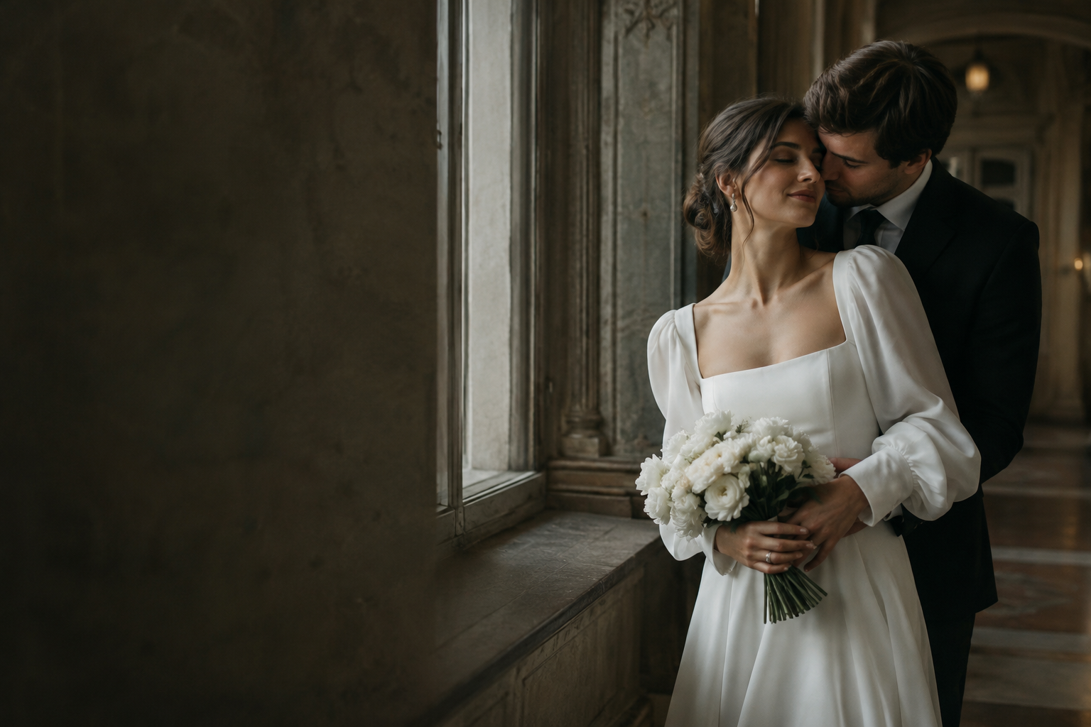Candid wedding portrait in soft natural light, with a couple sharing a quiet moment in an elegant Kyiv setting