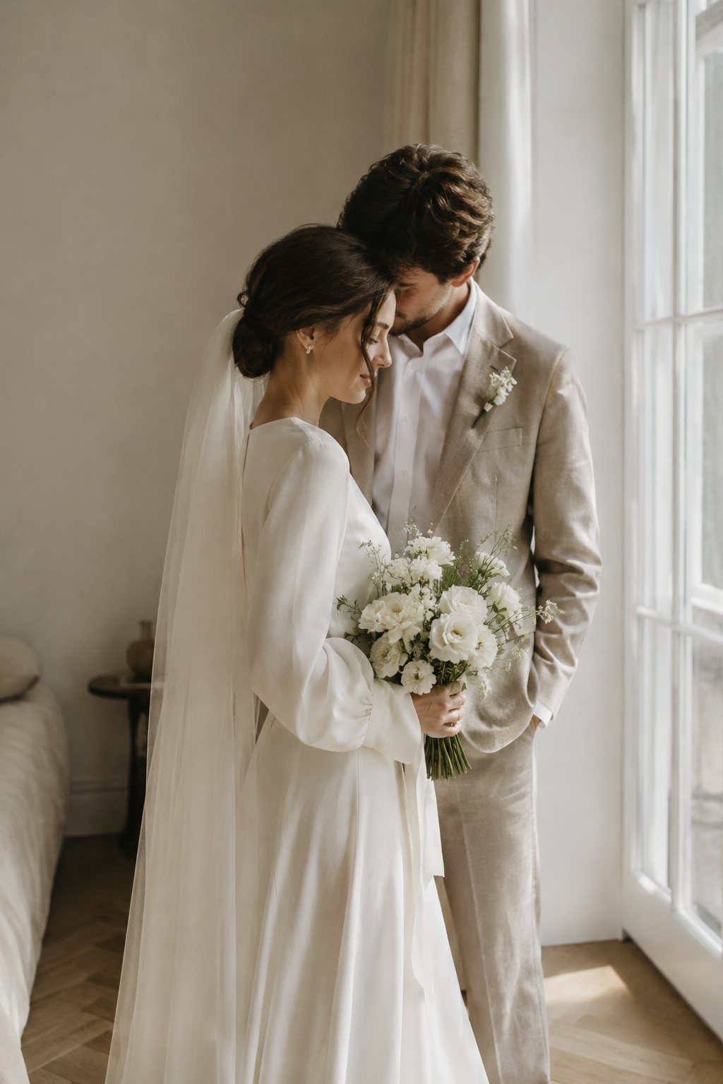 A bride and groom sharing a quiet, intimate moment in soft morning window light.