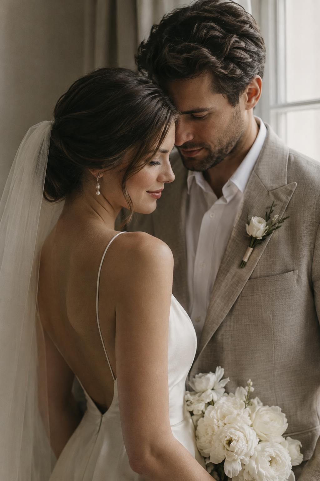 A bride and groom sharing a quiet, intimate moment in soft morning window light.