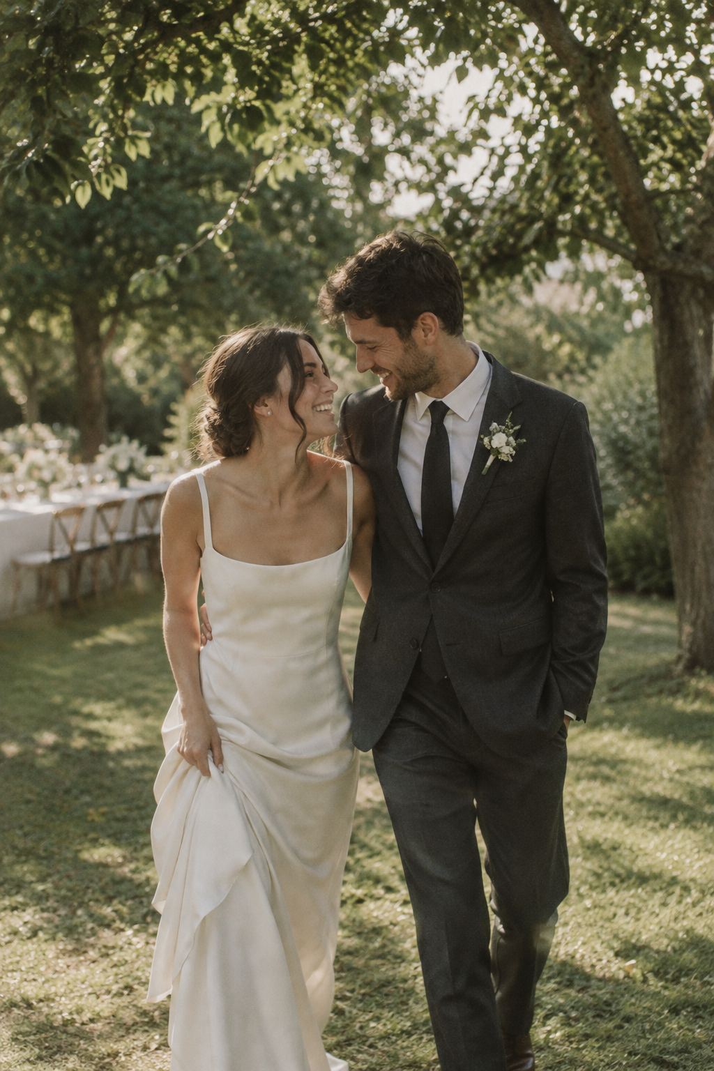 Newlyweds in understated ivory and charcoal attire beneath leafy trees at a garden celebration.