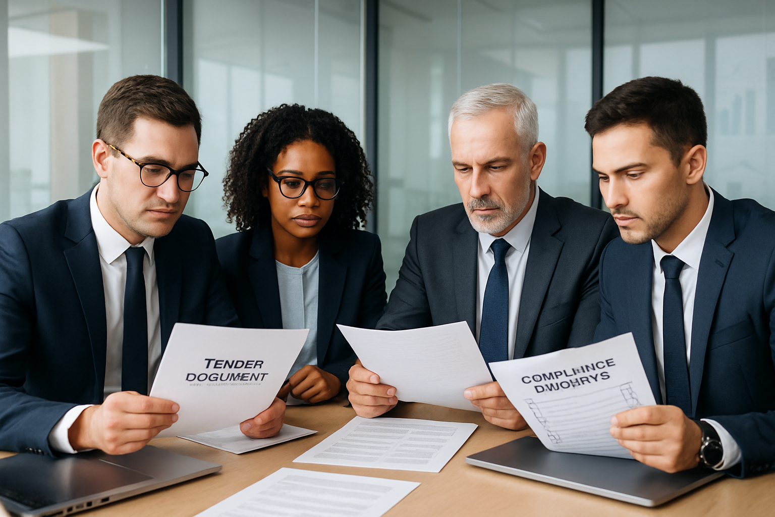 Professional consulting team reviewing tender documents in a modern office with laptops, charts, and printed compliance checklists