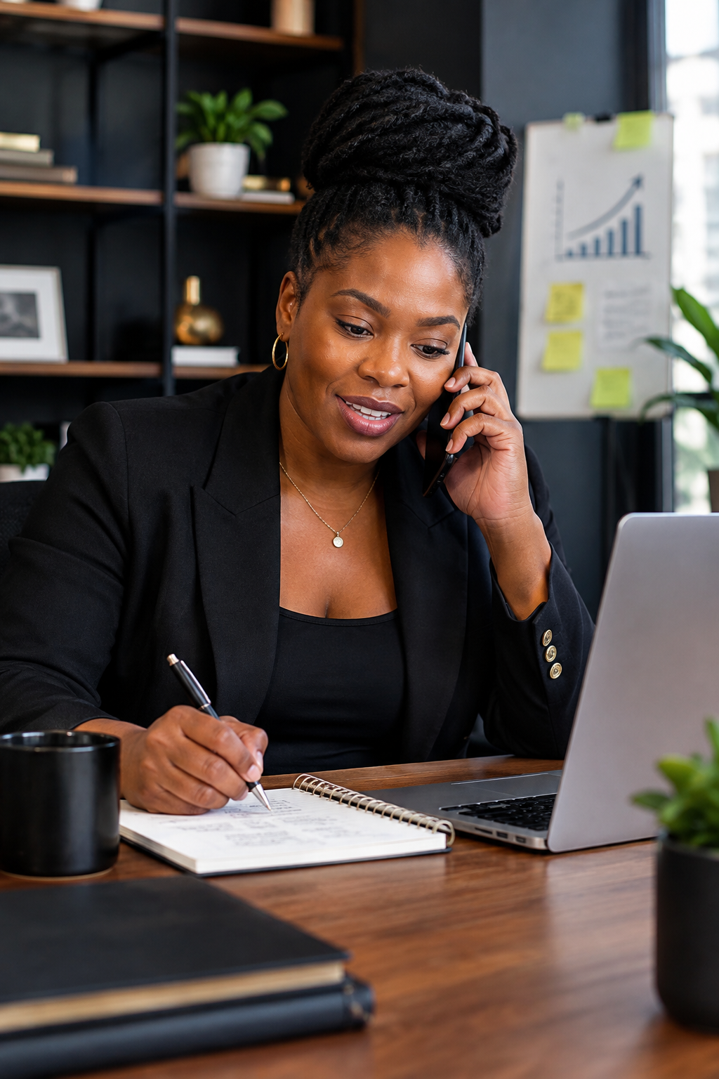 Confident Black entrepreneur at a desk reviewing business notes while on a focused phone consultation call