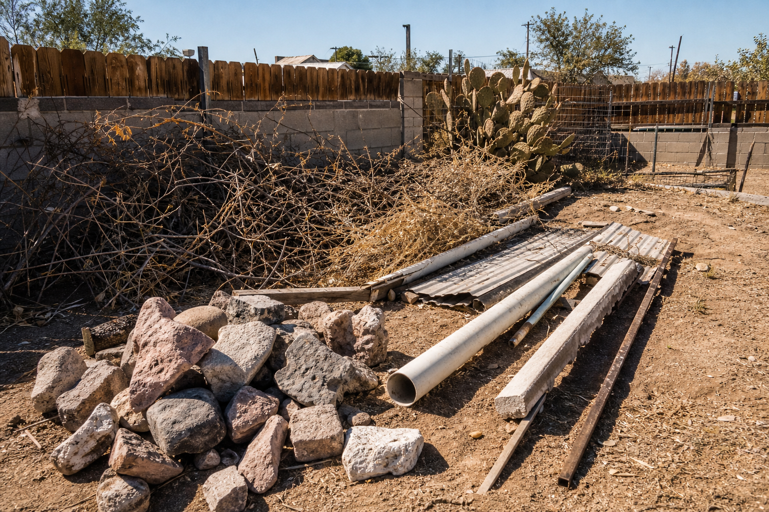 Fenced backyard cleanup with mixed debris including brush, pipe sections, rocks, and old fencing materials in natural daylight.