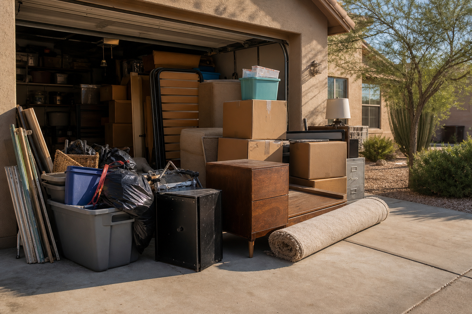 Garage and storage cleanout with boxes, household items, and bulky clutter staged for haul-away in warm Tucson daylight.