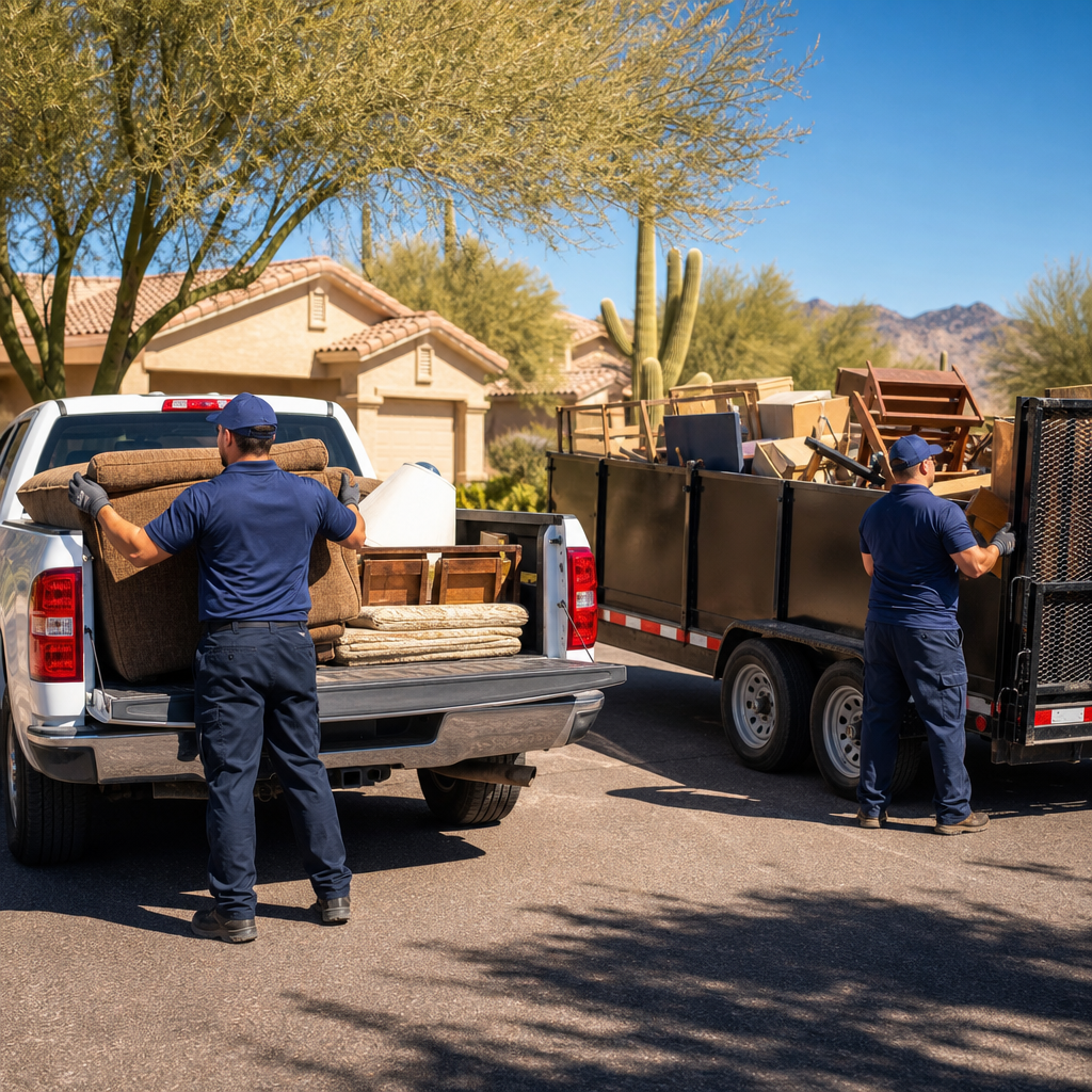 Speedy Junk Removal crew loading a white hauling truck in a sunny Tucson neighborhood with desert plants